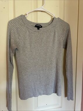 Express Gray Ribbed Crewneck Long-Sleeve Top